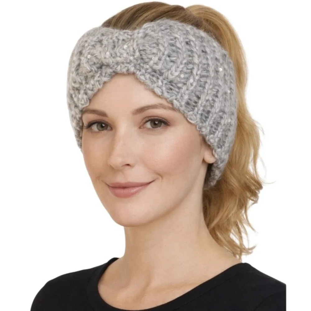 Charming Charlie Gray Sequin Cable Knit Headband Ear Warmer Winter One Size - Picture 1 of 9